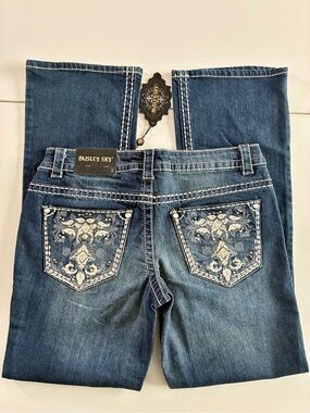 VTG PAISLEY SKY 8 COTTON SPANDEX EMBROIDERED 90s Y2K LOW RISE BLING DARK BL JEAN